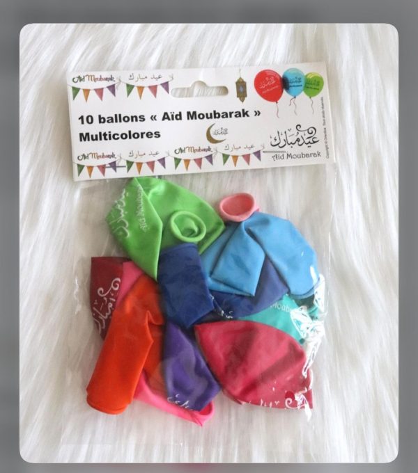 Pack de 10 ballons multicolores "Aid Moubarak" (arabe et français) - عيد مبارك