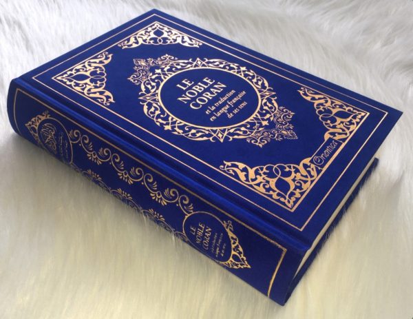 Le Noble Coran et la traduction en langue française de ses sens (bilingue français/arabe) - Edition de luxe couverture cartonnée en daim couleur Bleu dorée